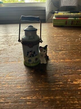 Limoges Blue and White Milk Can with Cat Figurine